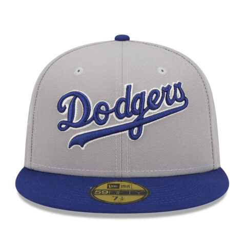New Era 59Fifty Los Angeles Dodgers Retro Script Fitted Hat Grey Dark Royal Blue