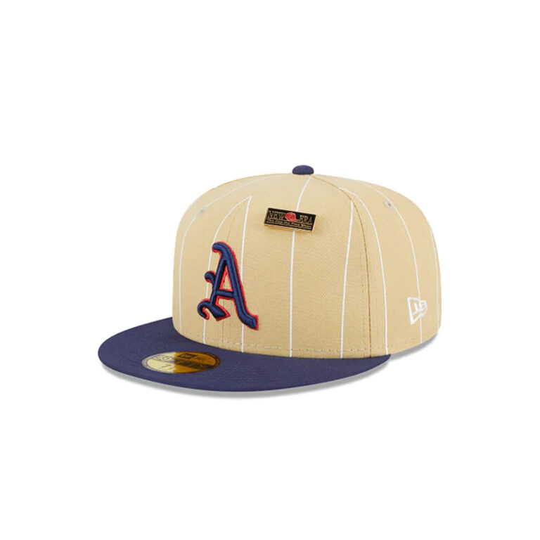 New Era 59Fifty Philies Athletics Pinstripe Day Fitted Hat Camel Dark Navy Left Front