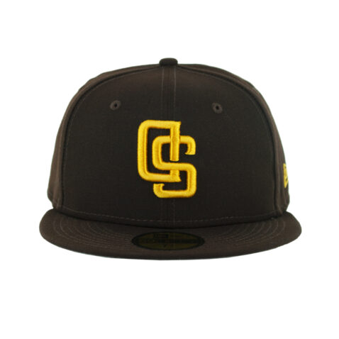 New Era 59Fifty San Diego Padres Upside Down Logo Burnt Wood Brown Gold Fitted Hat