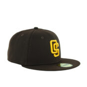 New Era 59Fifty San Diego Padres Upside Down Logo Burnt Wood Brown Gold Fitted Hat Right Front