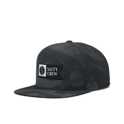 Salty Crew Alpha Tech 5 Panel Snapback Hat Black Camo Front