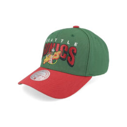 Mitchell & Ness Seattle Supersonics Boom Text Pro Adjustable Snapback Hat Green Red