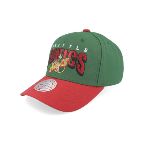Mitchell & Ness Seattle Supersonics Boom Text Pro Adjustable Snapback Hat Green Red