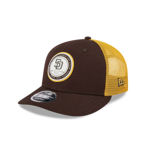 New Era 9Fifty Low Profile San Diego Padres Game Day Crest Mesh Trucker Adjustable Hat Brown Gold