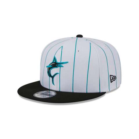 New Era 9Fifty Miami Marlins Batting Practice 2024 Adjustable Snapback Hat White Pinstripe Blue Black