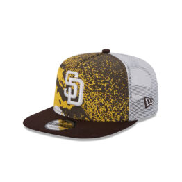 New Era 9Fifty San Diego Padres Court Sport A-Frame Mesh Trucker Adjustable Snapback Hat White Burnt Wood Brown Gold