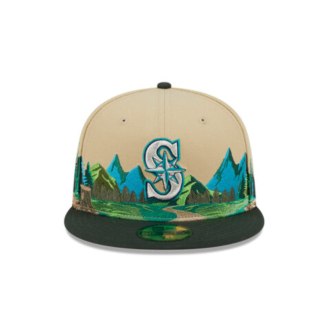 New Era 59Fifty Seattle Mariners Team Landscape Fitted Hat Vegas Gold Hunter Green