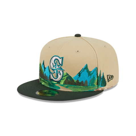 New Era 59Fifty Seattle Mariners Team Landscape Fitted Hat Vegas Gold Hunter Green