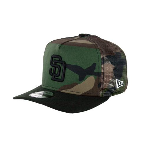 New Era 9Fifty San Diego Padres A-Frame Mesh Trucker Snapback Hat Woodland Camouflage Black