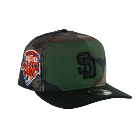 New Era 9Fifty San Diego Padres A-Frame Mesh Trucker Snapback Hat Woodland Camouflage Black - Image 2