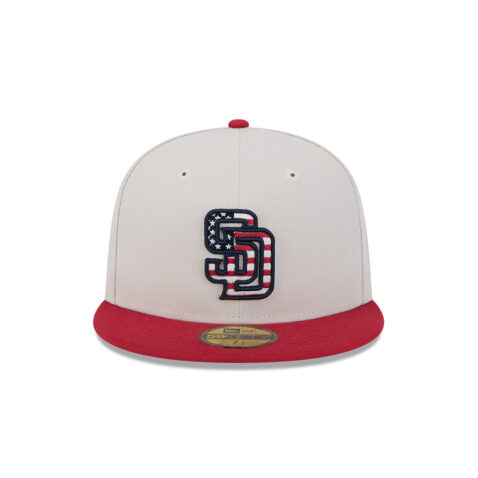 New Era 59Fifty San Diego Padres July 4th 2024 Official On Field Fitted Hat Stone Red Blue - Image 3