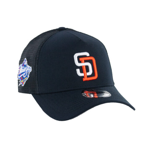 New Era 9Forty San Diego Padres Tony Gwynn A-Frame Mesh Trucker Snapback Hat Dark Navy White Orange - Image 3