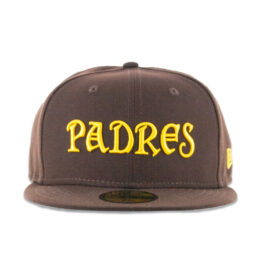 New Era 59Fifty San Diego Padres Conquistador Script Fitted Hat Burnt Wood Brown Gold