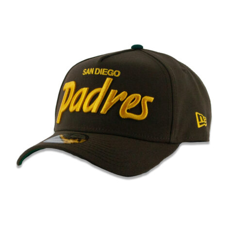 New Era 9Forty San Diego Padres Vintage Script A-Frame Snapback Hat Burnt Wood Brown Gold