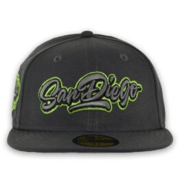 New Era 59Fifty San Diego Padres Graffiti Script Fitted Hat Dark Graphite Gray Neon Green