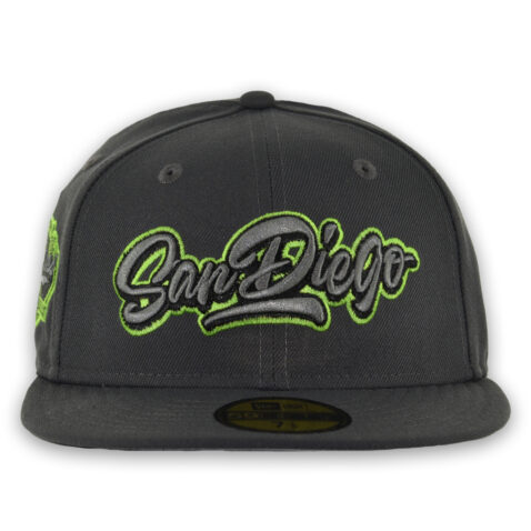 New Era 59Fifty San Diego Padres Graffiti Script Fitted Hat Dark Graphite Gray Neon Green - Image 2
