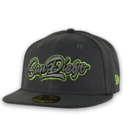 New Era 59Fifty San Diego Padres Graffiti Script Fitted Hat Dark Graphite Gray Neon Green