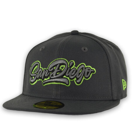 New Era 59Fifty San Diego Padres Graffiti Script Fitted Hat Dark Graphite Gray Neon Green