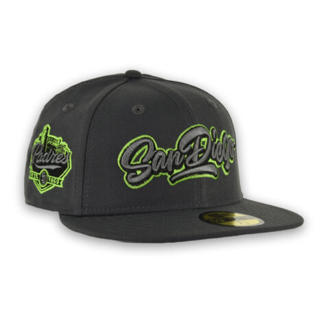 New Era 59Fifty San Diego Padres Graffiti Script Fitted Hat Dark Graphite Gray Neon Green - Image 3