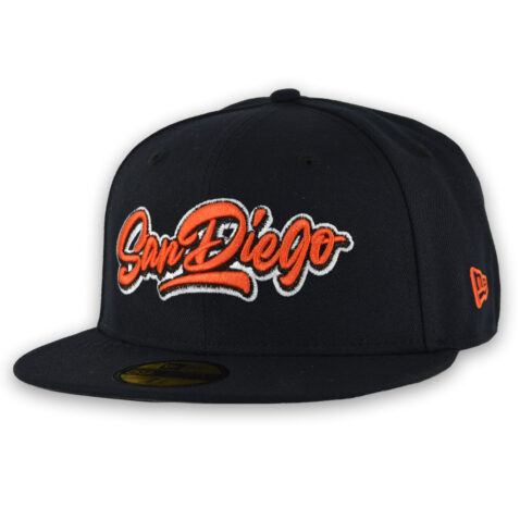 New Era 59Fifty San Diego Padres Graffiti Script Fitted Hat Dark Navy Orange White