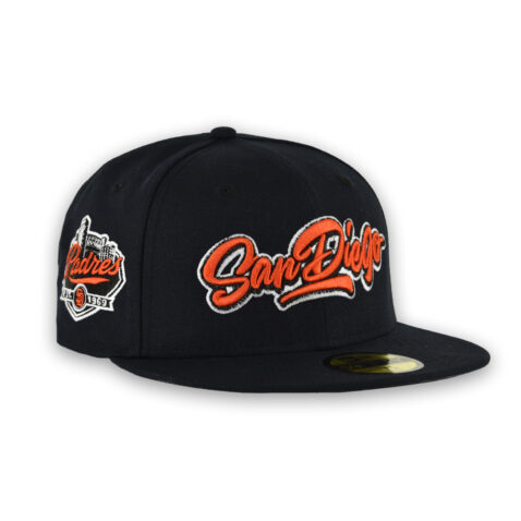 New Era 59Fifty San Diego Padres Graffiti Script Fitted Hat Dark Navy Orange White - Image 3