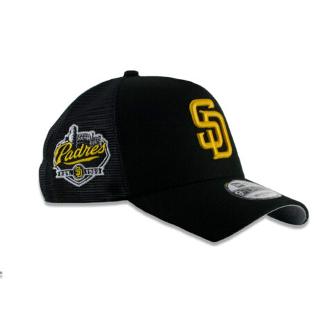 New Era 9Forty San Diego Padres A-Frame Mesh Trucker Snapback Hat Black Gold - Image 3