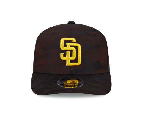 New Era 9Seventy San Diego Padres Mesh Trucker Snapback Hat Brown Camouflage Gold - Image 2