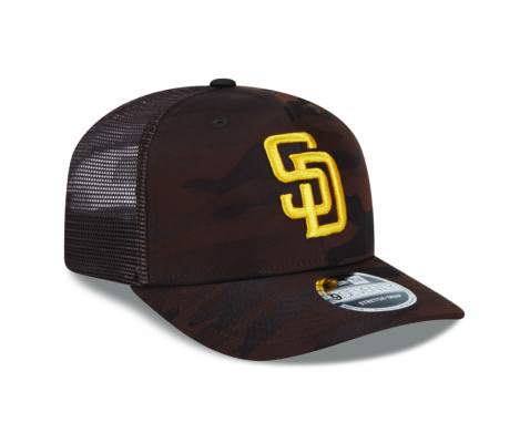 New Era 9Seventy San Diego Padres Mesh Trucker Snapback Hat Brown Camouflage Gold - Image 3