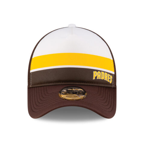New Era 9Forty San Diego Padres Color Block Mesh Trucker A-Frame Snapback Hat White Brown Gold - Image 2