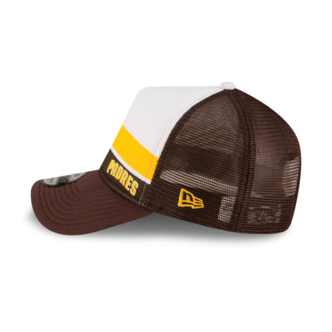 New Era 9Forty San Diego Padres Color Block Mesh Trucker A-Frame Snapback Hat White Brown Gold - Image 4