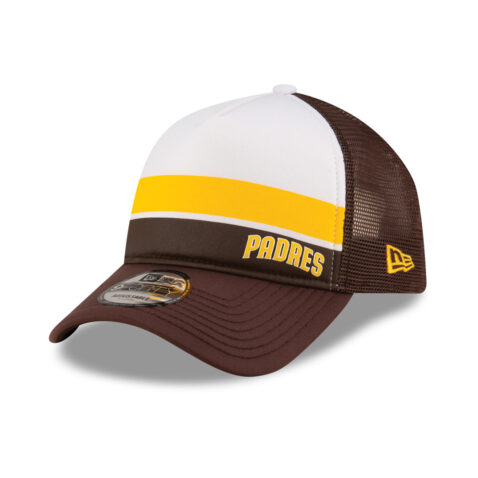 New Era 9Forty San Diego Padres Color Block Mesh Trucker A-Frame Snapback Hat White Brown Gold
