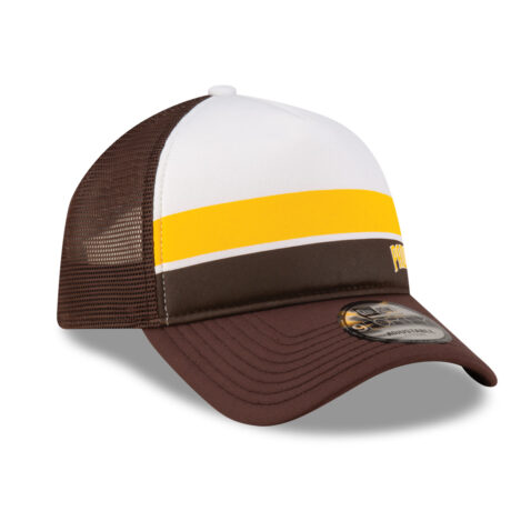 New Era 9Forty San Diego Padres Color Block Mesh Trucker A-Frame Snapback Hat White Brown Gold - Image 3