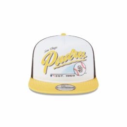 New Era 9Fifty San Diego Padres Retro Script Mesh Trucker A-Frame Snapback Hat White Brown Gold