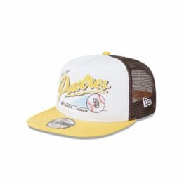 New Era 9Fifty San Diego Padres Retro Script Mesh Trucker A-Frame Snapback Hat White Brown Gold