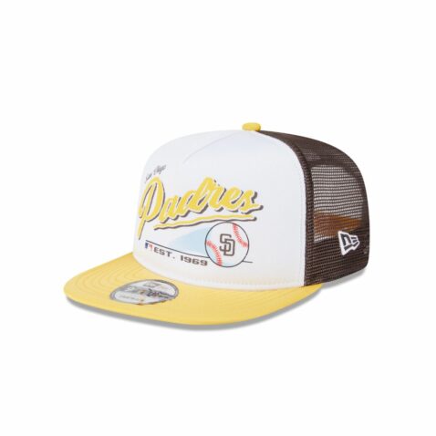 New Era 9Fifty San Diego Padres Retro Script Mesh Trucker A-Frame Snapback Hat White Brown Gold