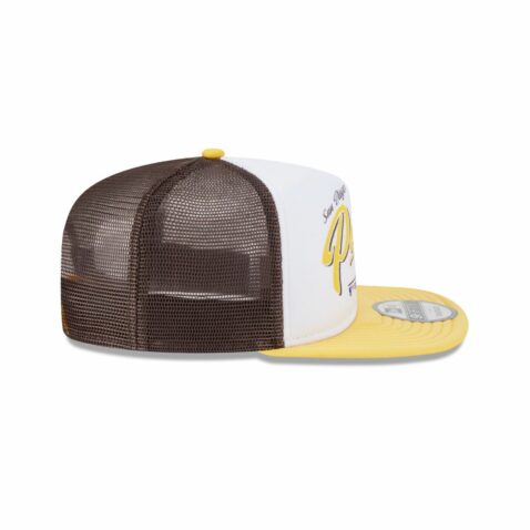New Era 9Fifty San Diego Padres Retro Script Mesh Trucker A-Frame Snapback Hat White Brown Gold - Image 6