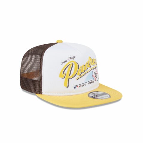 New Era 9Fifty San Diego Padres Retro Script Mesh Trucker A-Frame Snapback Hat White Brown Gold - Image 3