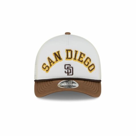 New Era 9Forty M-Crown San Diego Padres A-Frame Mesh Trucker Snapback Hat Chrome White Brown - Image 2