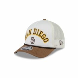 New Era 9Forty M-Crown San Diego Padres A-Frame Mesh Trucker Snapback Hat Chrome White Brown