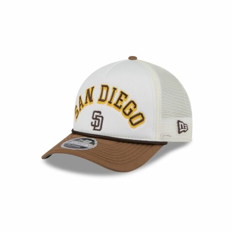 New Era 9Forty M-Crown San Diego Padres A-Frame Mesh Trucker Snapback Hat Chrome White Brown