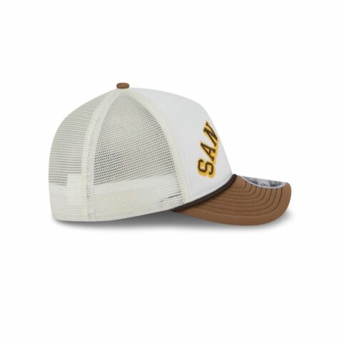 New Era 9Forty M-Crown San Diego Padres A-Frame Mesh Trucker Snapback Hat Chrome White Brown - Image 6