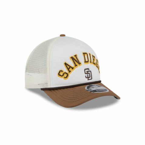 New Era 9Forty M-Crown San Diego Padres A-Frame Mesh Trucker Snapback Hat Chrome White Brown - Image 3