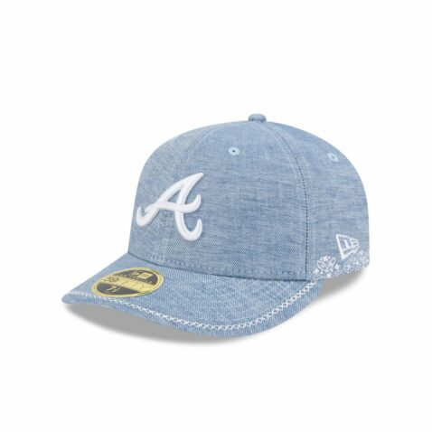 New Era 59Fifty Low Profile Atlanta Braves Hand Stitched Chambray Fitted Hat Open Market Blue