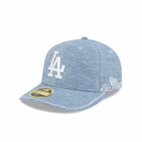 New Era 59Fifty Low Profile Los Angeles Dodgers Hand Stitched Chambray Fitted Hat Open Market Blue