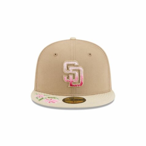 New Era 59Fifty San Diego Padres Hand Stitched Floral Fitted Hat Tan Khaki - Image 2