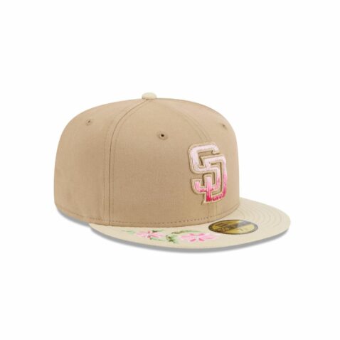 New Era 59Fifty San Diego Padres Hand Stitched Floral Fitted Hat Tan Khaki - Image 3