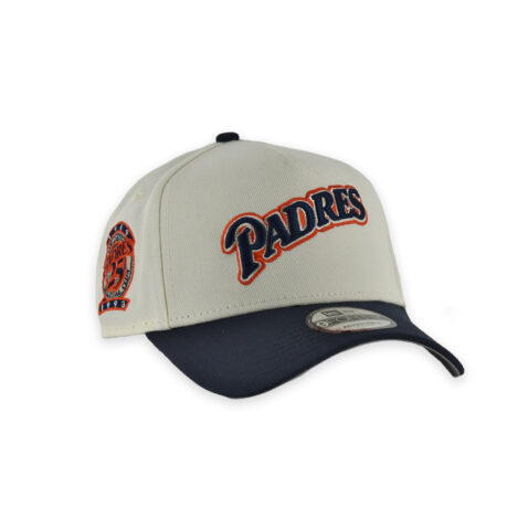 New Era 9Forty San Diego Padres 1998 Script Two Tone A-Frame Snapback Hat Chrome White Dark Navy Blue - Image 3