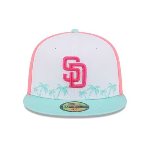 New Era 59Fifty San Diego Padres City Connect Pinwheel Palm Tree Fitted Hat White Mint Gold Pink - Image 2