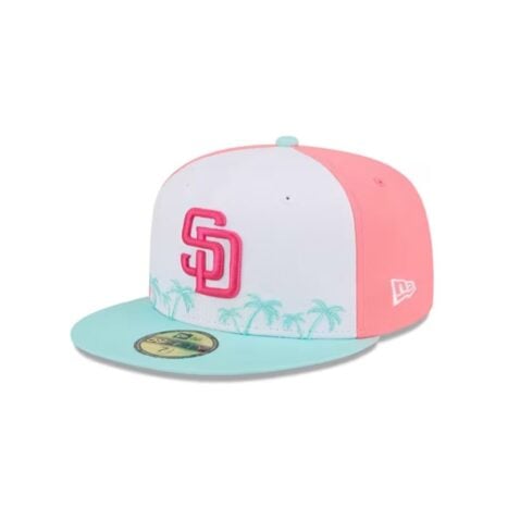 New Era 59Fifty San Diego Padres City Connect Pinwheel Palm Tree Fitted Hat White Mint Gold Pink