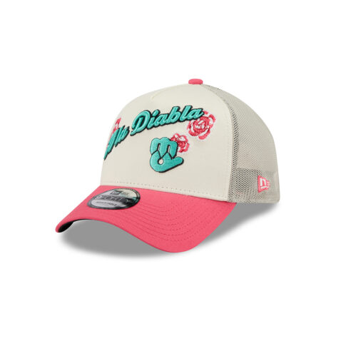 New Era 9Forty Mexico City Diablos Rojos De Mexico Wordmark Mesh Trucker A-Frame Snapback Hat Off White Pink